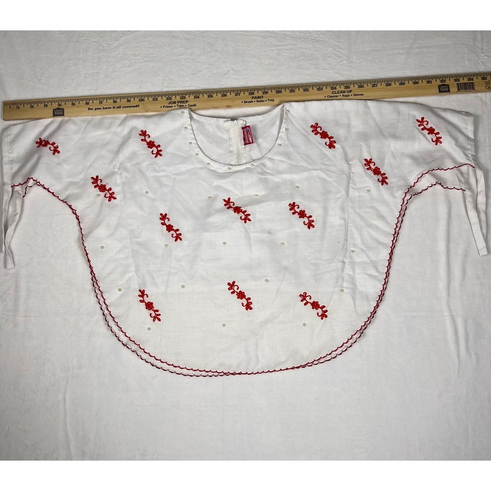 VTG Monirul Garments W XL White Red Embroidered Pearl Scalloped Blouse Top India